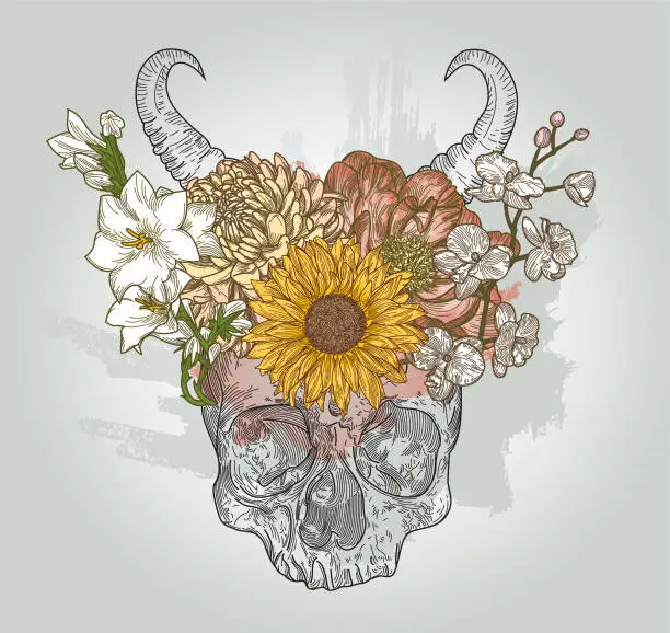 Vector illustration of Horned Floral Crown Skull Fantasy Line Art
