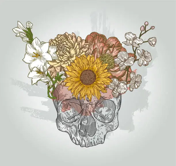 Vector illustration of Floral Crown Skull Fantasy Line Art
