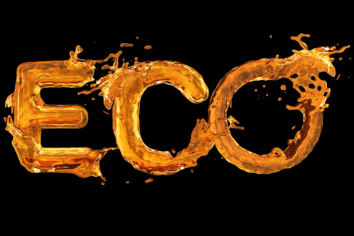 Ecology concept image. Word ECO made by motor oil\n isolated on white background.