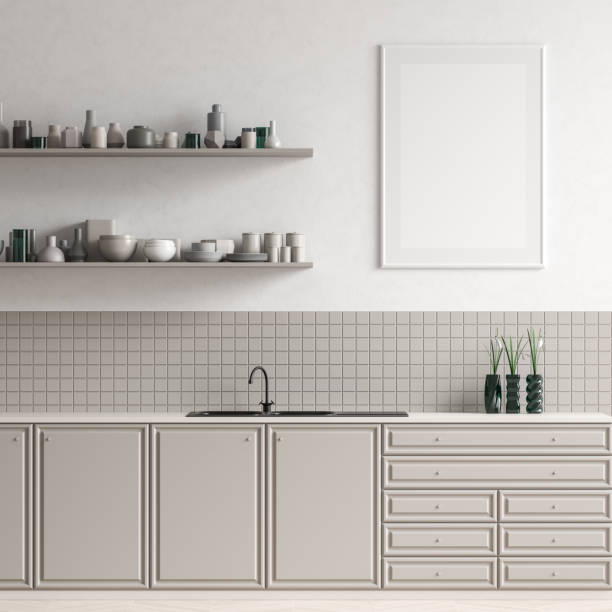 istock Mock up poster frame in Scandinavian style kitchen. Minimalist kitchen design. 3D illustration 1196596154