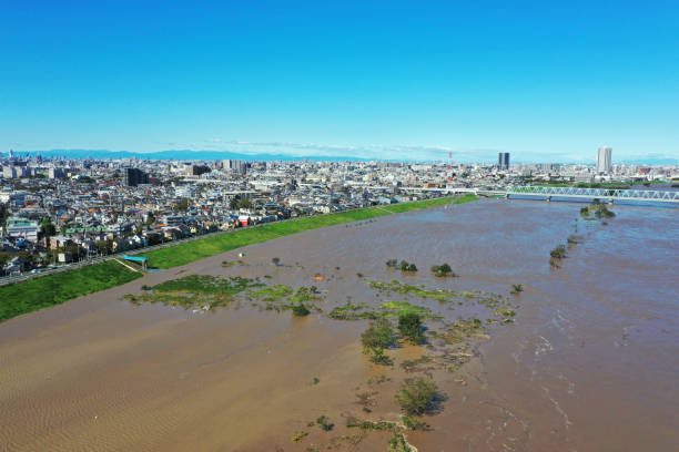 Aerial view of the flooded Edogawa stock photo