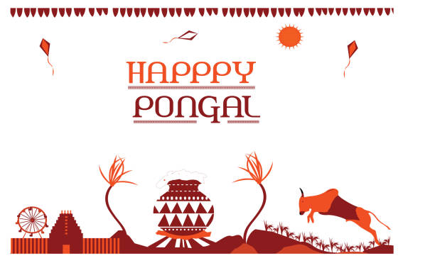 ilustrações de stock, clip art, desenhos animados e ícones de pongal greeting composed with traditional mud pot temple wall and earth shankaranti tamil nadu pongal jallikattu bull fight - tamil