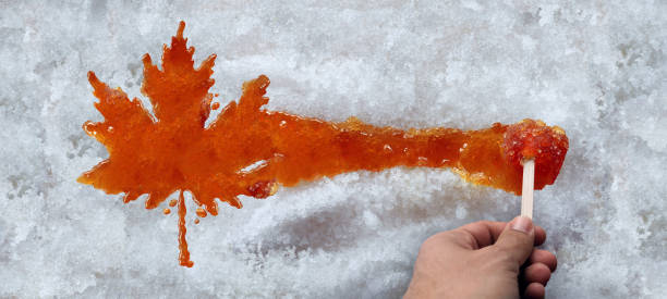 Maple Taffy Leaf Maple taffy leaf or boiled tree sweet boiled sap syrup on snow as a traditional spring food culture from Quebec Ontario Canada and New England produced in a sugar shack. maple syrup stock pictures, royalty-free photos & images