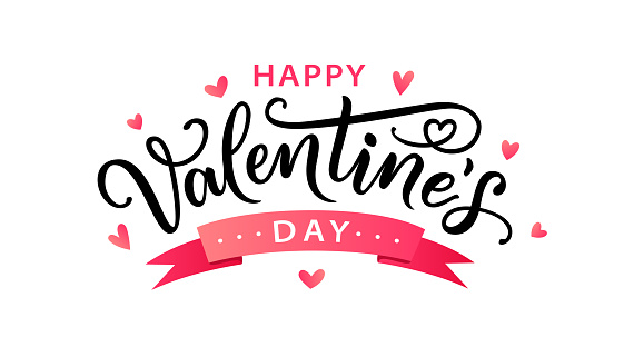 Happy Valentines Day greeting card. Hand drawn text lettering for Valentines Day with hearts. Calligraphic design for print cards, banner, poster. Vector illustration isolated on white background.