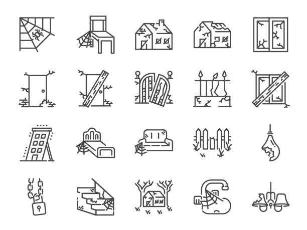 放棄された家のラインアイコンセット。みすぼらしい、古い、壊れた、損傷した、怖い、荒廃し、より多くとしてアイコンが含まれています。 - rickety点のイラスト素材／クリップアート素材／マンガ素材／アイコン素材