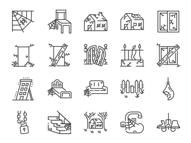 Abandoned house line icon set. Included icons as shabby, old, broken, damaged, scary, dilapidated and more. Abandoned house line icon set. Included icons as shabby, old, broken, damaged, scary, dilapidated and more. damaged fence stock illustrations