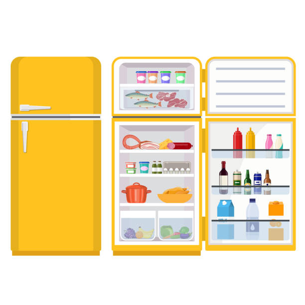refrigerator full of various food Closed and Opened Refrigerator Full Of Food and Drinks. Healthy food in frozy refrigerator vegetables meat juce steak supermarket products. Vector illustration in flat style. refrigerator stock illustrations