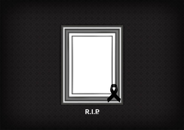 istock Mock up Mourning symbol with Black Respect ribbon and Frame on Texture background Banner. Rest in Peace Funeral card Vector Illustration. 1196623494