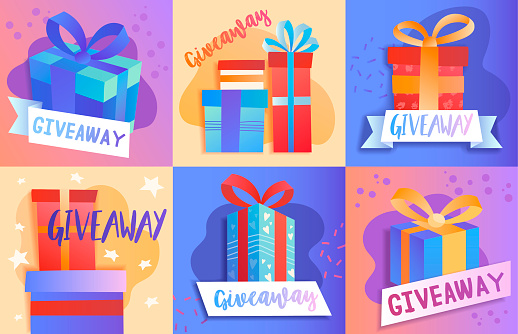 Christmas gift giveaway store promotions with six colorful designs with text and gift-wrapped presents in bright festive colors, vector illustrations
