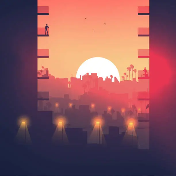 Vector illustration of Minimal tropical city skyline with residential complex at sunset