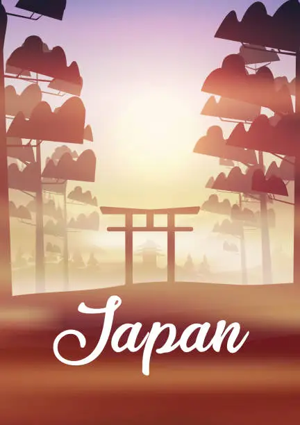 Vector illustration of Japan, mountains in fog Torii gate, temple in the background