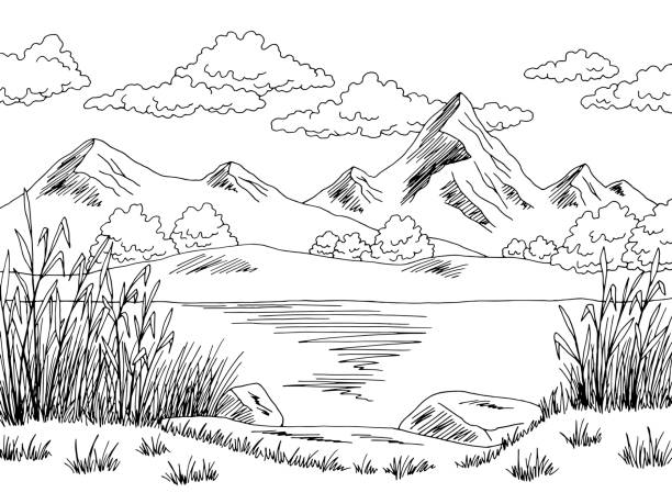 illustrazioni stock, clip art, cartoni animati e icone di tendenza di mountain lake grafico bianco nero paesaggio disegno illustrazione vettore - lago illustrazioni