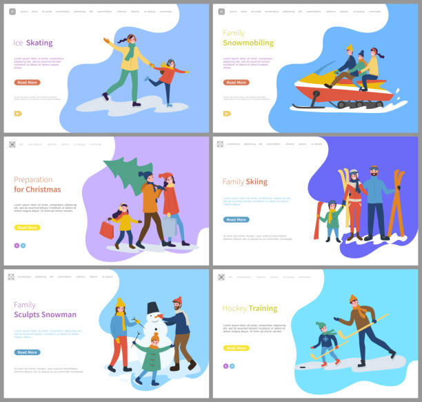 Family Skiing, Snowmobiling of Father and Mother Family skiing, snowmobiling of father and mother with child vector. Preparation for Christmas winter holiday, skating and snowman sculpting posters kids snow suits stock illustrations
