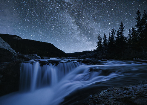 Elbow Falls with Milky Way in night sky on national park at Kananaskis, Canada
