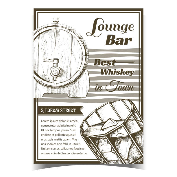 Whiskey Lounge Bar Best In Town Poster Vector Whiskey Lounge Bar Best In Town Poster Vector. Glass With Bourbon Whiskey And Ice Cubes And Wooden Barrel On Advertising Banner. Glassware With Strong Alcoholic Drink Monochrome Illustration bourbon barrel stock illustrations