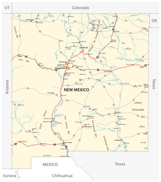 illustrations, cliparts, dessins animés et icônes de feuille de route de l'état américain du nouveau-mexique - oklahoma map state vector