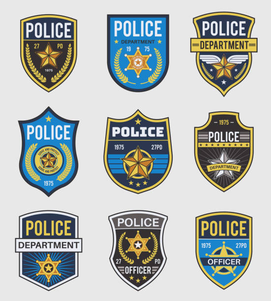 ilustraciones, imágenes clip art, dibujos animados e iconos de stock de insignias de la policía. insignia del gobierno oficial, medallón de seguridad de la policía especial y señales de agente federal, conjunto de vectores insignia de policía - policía