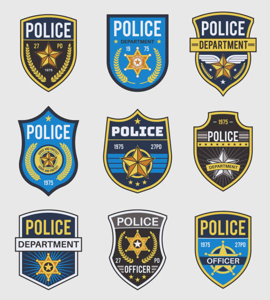 Police badges. Officer government badge, special police security medallion and federal agent signs, policeman insignia vector set Police badges. Officer government badge, special police security medallion and federal agent signs, policeman insignia vector simple patches set police force stock illustrations