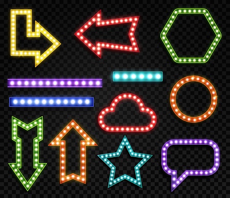 Signs with lamps. Realistic glowing symbols of different forms. Blue, red and yellow neon bulbs marketing frame for title lighting advertising vector border set