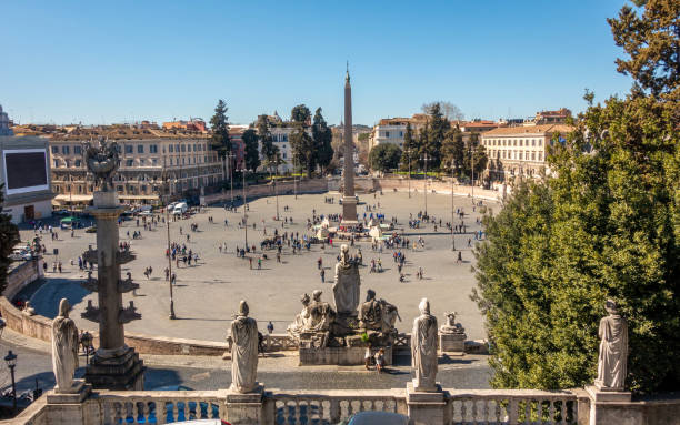 Rome famous piazza del popolo in the morning with the obelisco flaminio in the center and the saint peter's basilica in the background from Terrazza del Pincio