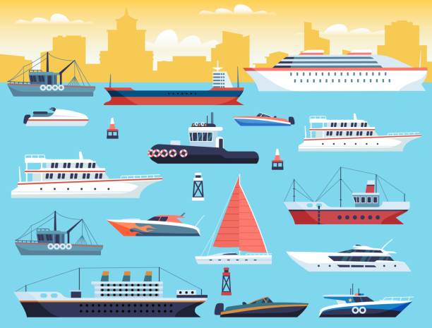 해상 운송. 큰 바다 또는 바다 선박과 항해 보트, 요트 및 여행 모터 크루저 벡터 세트와 선적 도크 - travel nautical vessel commercial dock pier stock illustrations