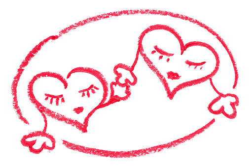 A pair of hearts with faces (male and female) holding hands - drawn by a red lipstick on a white paper.