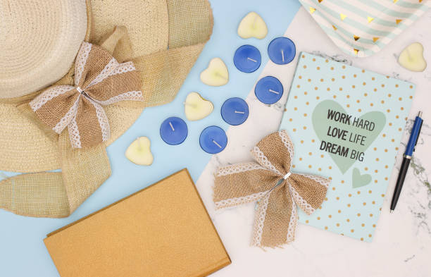 istock Blue pastel femininity decoration on marble background 1196662696