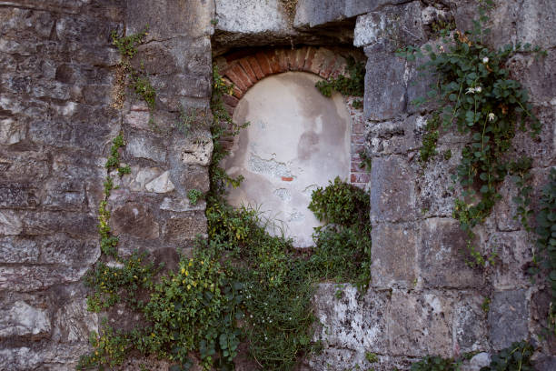 Brick frame on the stone wall. Retreat, quiet place overgrown with green pants. Pisa, Italy.