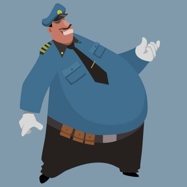 cartoon große und fett lächelnde mann in polizisten uniform - humor badge blue crime stock-grafiken, -clipart, -cartoons und -symbole