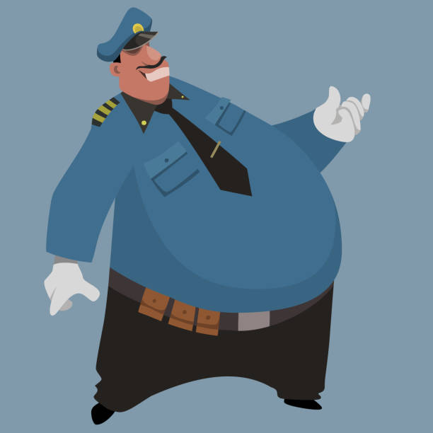 ilustrações de stock, clip art, desenhos animados e ícones de cartoon big and fat smiling man in policeman uniform - humor badge blue crime