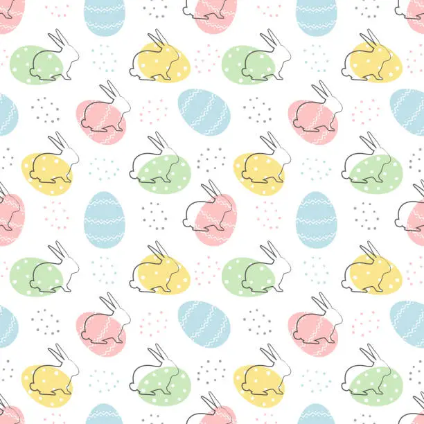 Vector illustration of Easter background. Seamless abstract pattern with Easter bunnies and eggs on a white background