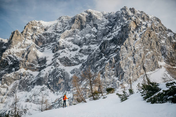 istock Male hiker with skiis on his backpack enjoying mountains in winter 1196678778