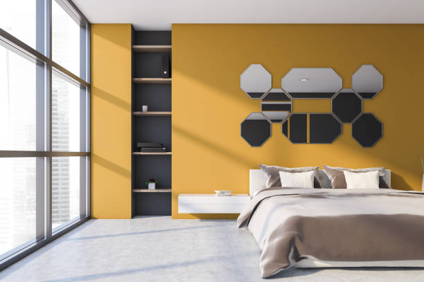 istock Yellow master bedroom with mirrors and shelves 1196683914