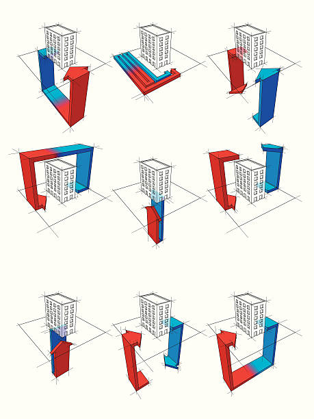 heat pump diagrams collection of nine heat pump diagrams: on example of a apartment house showing possibilities of usage of heat pump Air Exchanger stock illustrations
