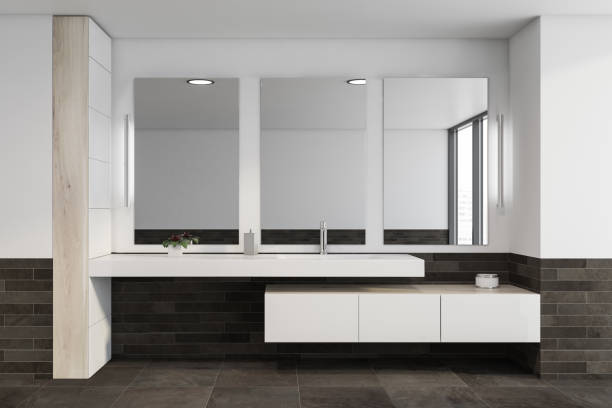 istock White and gray tile bathroom interior with sink 1196690688