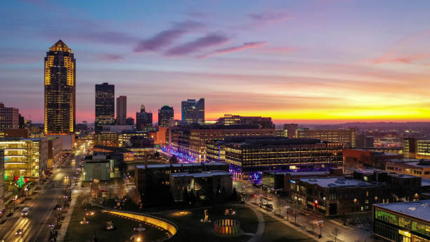 Des Moines Aerial Skyline at Sunrise Aerial view of the Des Moines skyline at sunrise looking out across the Pappajohn Sculpture Garden. iowa photos stock pictures, royalty-free photos & images