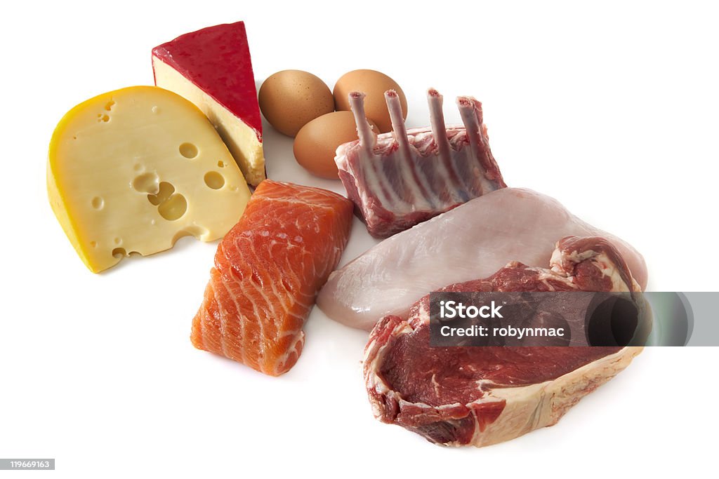 Protein Foods Sources of protein, including cheese, eggs, fish, lamb, chicken and beef.  Isolated on white.    More health and nutrition images: White Background Stock Photo