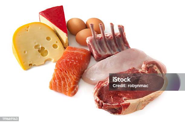 Protein Foods Stock Photo - Download Image Now - White Background, Protein, Meat