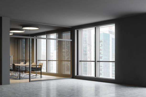 istock Modern office hall with gray meeting room 1196692055