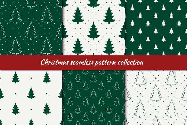 ilustrações de stock, clip art, desenhos animados e ícones de festive seamless pattern collection. new year, christmas tree print kit. holiday backgrounds set. fir-tree, pines motif - christmas quilt blanket green