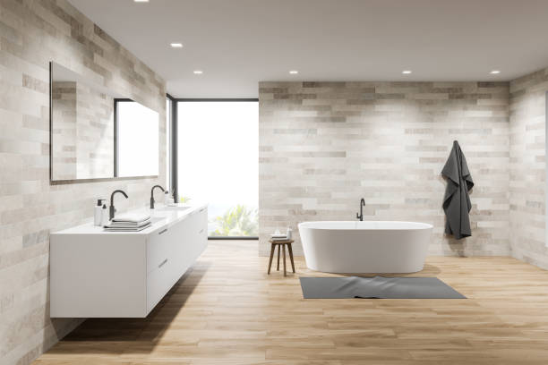 istock Light tile bathroom interior, tub and sink 1196693298