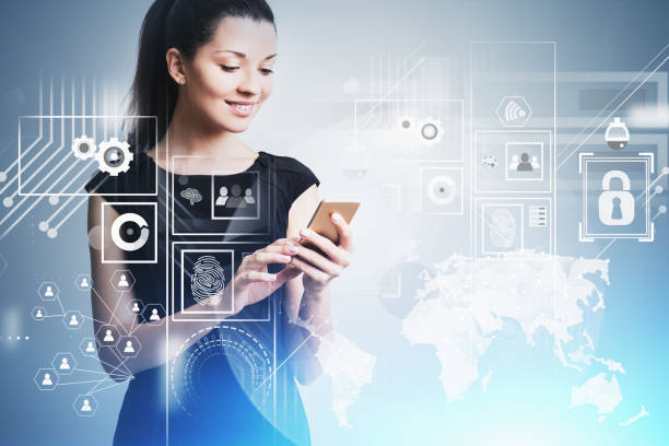 istock Smiling woman with smartphone, infographics 1196694733
