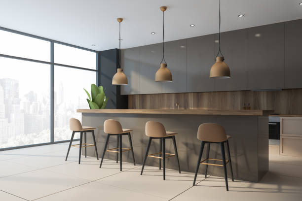 istock Long beige bar in spacious kitchen corner 1196695326