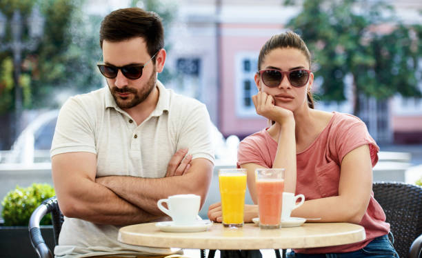 istock Bad relationships. Couple at the meeting having problem in communication 1196695375