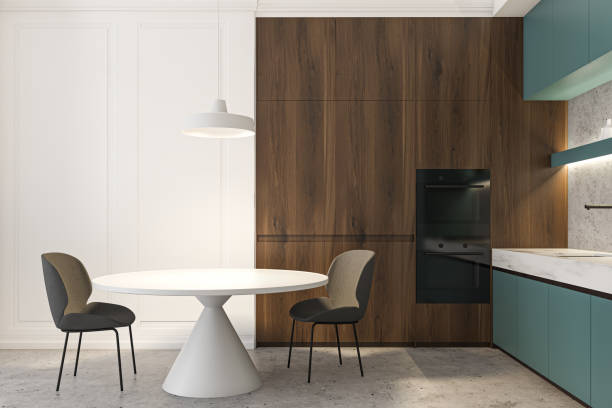 istock Blue and wooden kitchen interior with table 1196695899