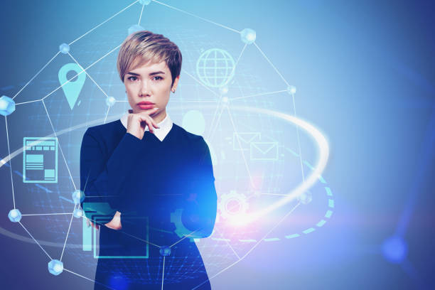 istock Pensive young woman, digital interface and AI 1196696149