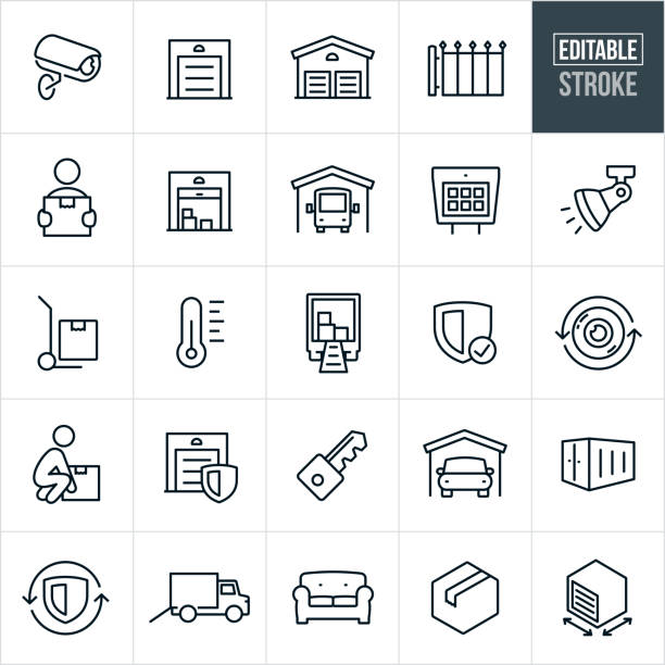 Self Storage Thin Line Icons - Editable Stroke A set of self storage icons that include editable strokes or outlines using the EPS vector file. The icons include storage units, security camera, storage entrance gate, person carrying a box, open storage unit with boxes, an RV in storage, gate keypad, security light, thermometer, moving truck, key, car is storage, storage container, furniture and other related icons. belongings stock illustrations