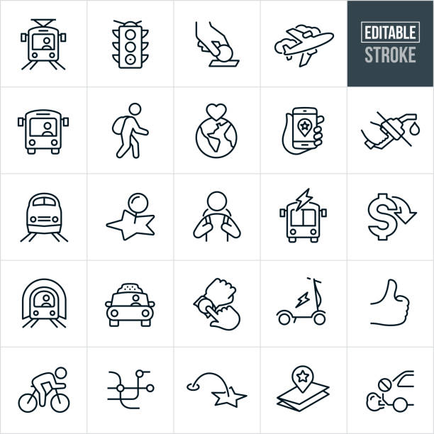 Public Transit Thin Line Icons - Editable Stroke A set of public transit icons that include editable strokes or outlines using the EPS vector file. The icons include light rail, public bus, passenger train, subway, bicycle, electric scooter, stop light, bus toll, crosswalk, rider wearing backpack, electric bus, taxi cab, location marker, map, thumbs up and other related icons. commuter stock illustrations