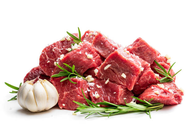 istock Sliced raw beef with rosemary herb and garlic isolated on white 1196702673
