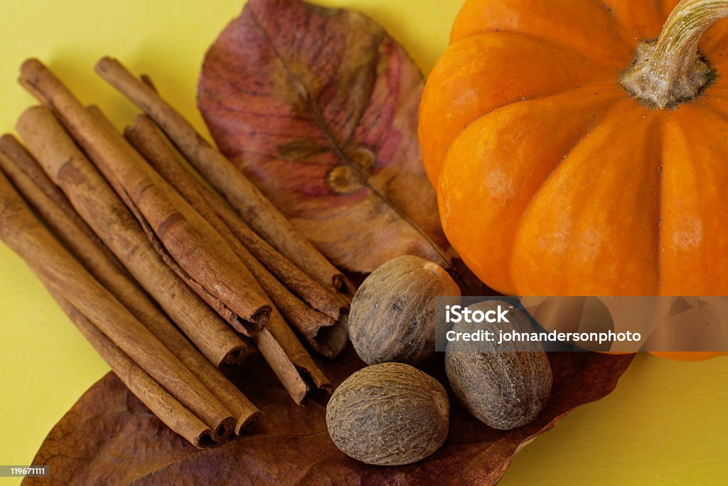 Ingredients for making pumpkin spice Autumn with pumpkins and cinnamon and nutmeg Pumpkin Pie Spice Stock Photo